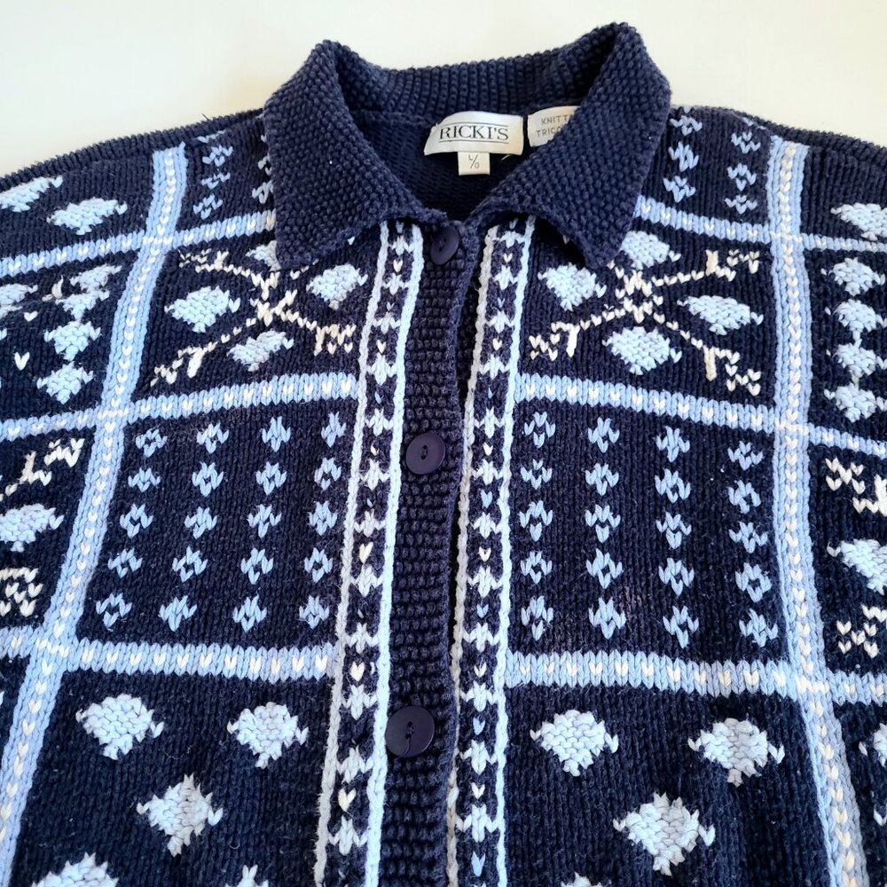 100% cotton Ricki's knitted by hand blue cardigan geometric design